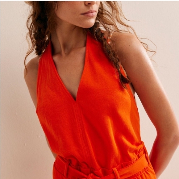 New Free People Beach Randi Halter 100% Cotton Tangerine Tango Dress Medium - Picture 2 of 8
